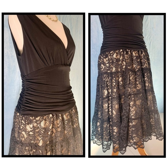 J.R. Nites byCarol Lin Fit & Flare Black Lace / Champagne Cocktail Dress [Sz 14] - Picture 2 of 13